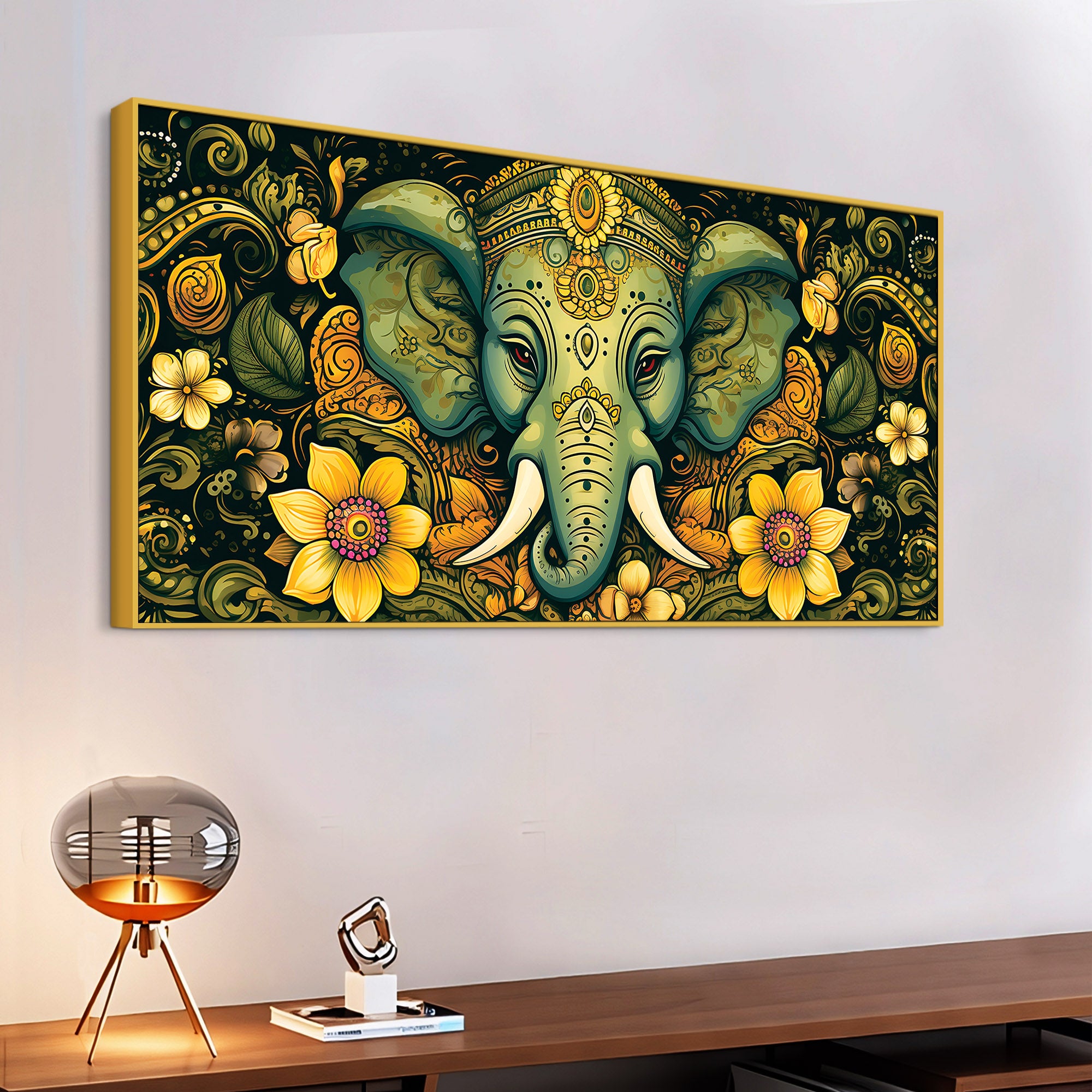 Divine Lord Ganesha with Floral Art Religious Wall Painting