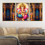 Divine Lord Ganesha with Lotus and Sacred Temple Floating Frame Crystal Wall Painting Set of 3