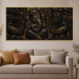 Divine Lord Ganesha with Peacocks Metallic Look 3D Canvas Wall Painting