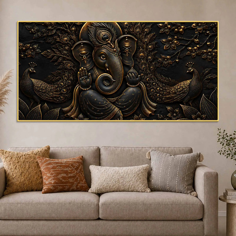 Divine Lord Ganesha with Peacocks Metallic Look 3D Canvas Wall Painting