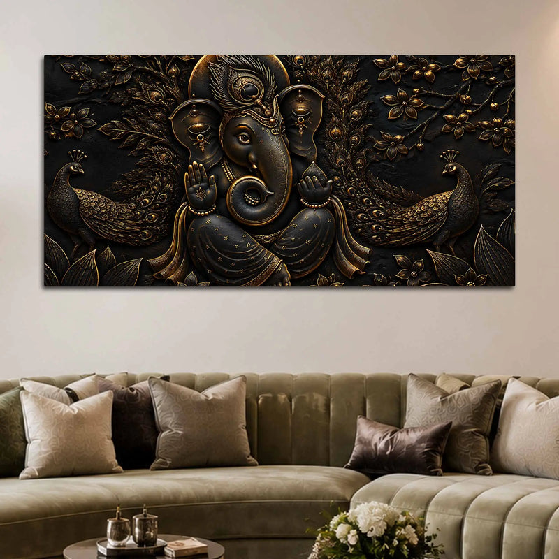 Divine Lord Ganesha with Peacocks Metallic Look 3D Canvas Wall Painting