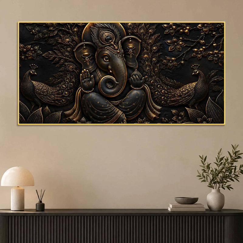 Divine Lord Ganesha with Peacocks Metallic Look 3D Canvas Wall Painting