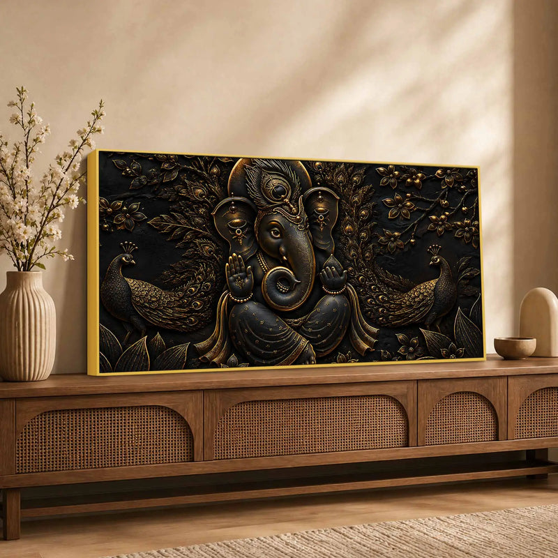 Divine Lord Ganesha with Peacocks Metallic Look 3D Canvas Wall Painting