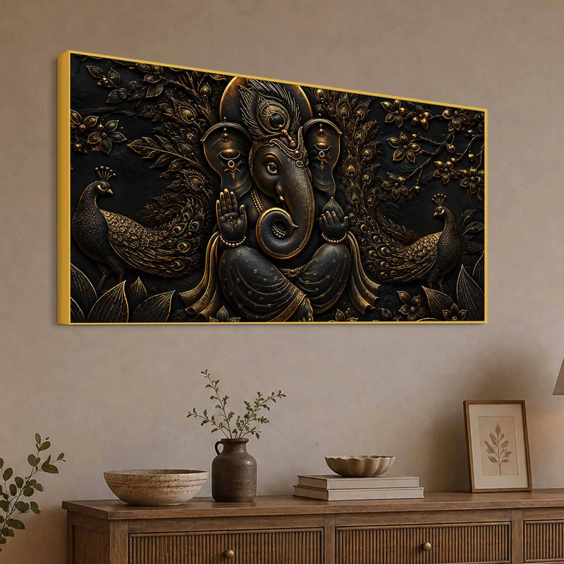 Divine Lord Ganesha with Peacocks Metallic Look 3D Canvas Wall Painting