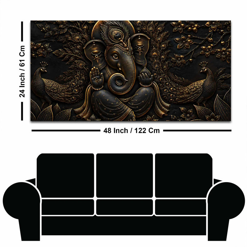 Divine Lord Ganesha with Peacocks Metallic Look 3D Canvas Wall Painting