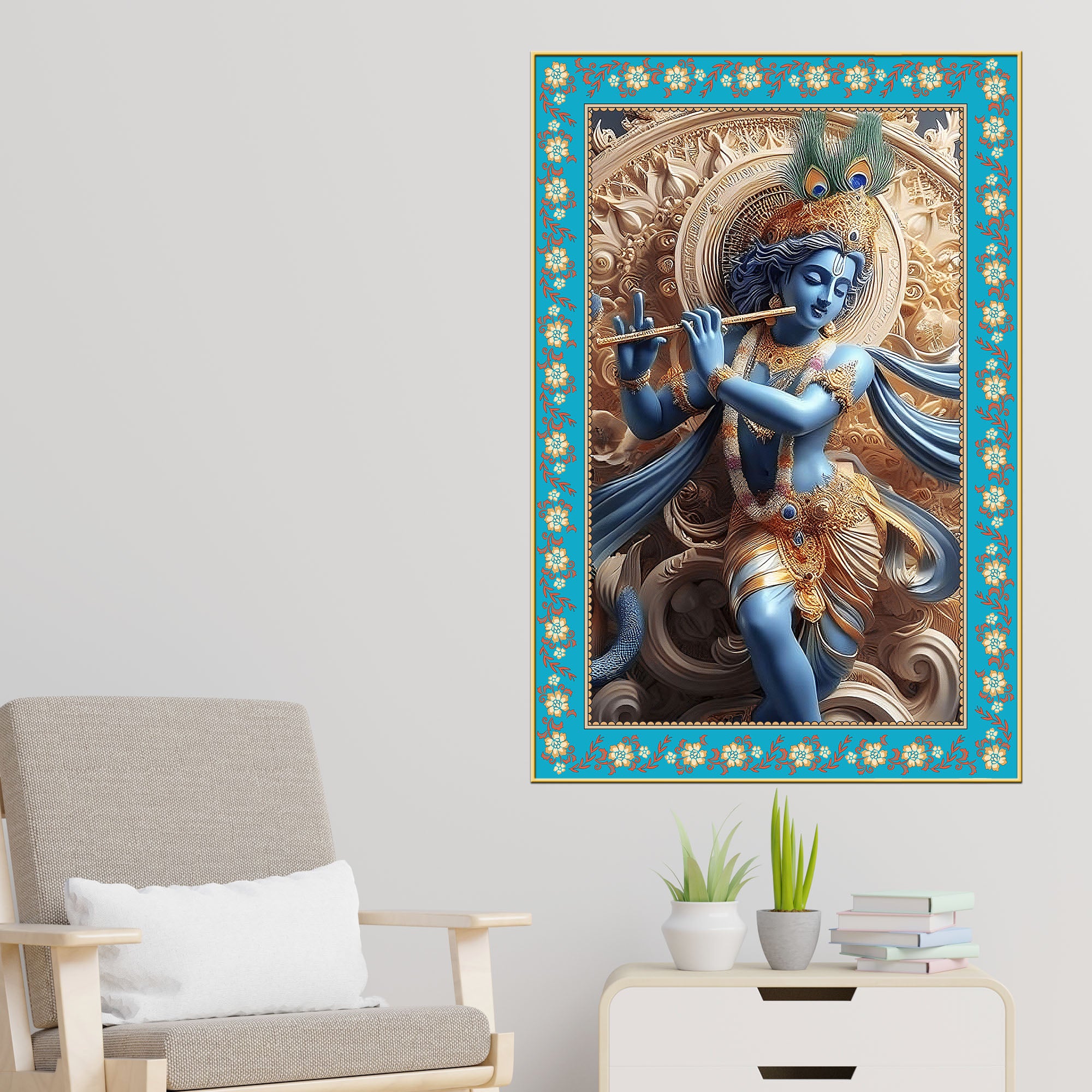 Divine Lord Krishna Floral Border Vertical Canvas Wall Painting