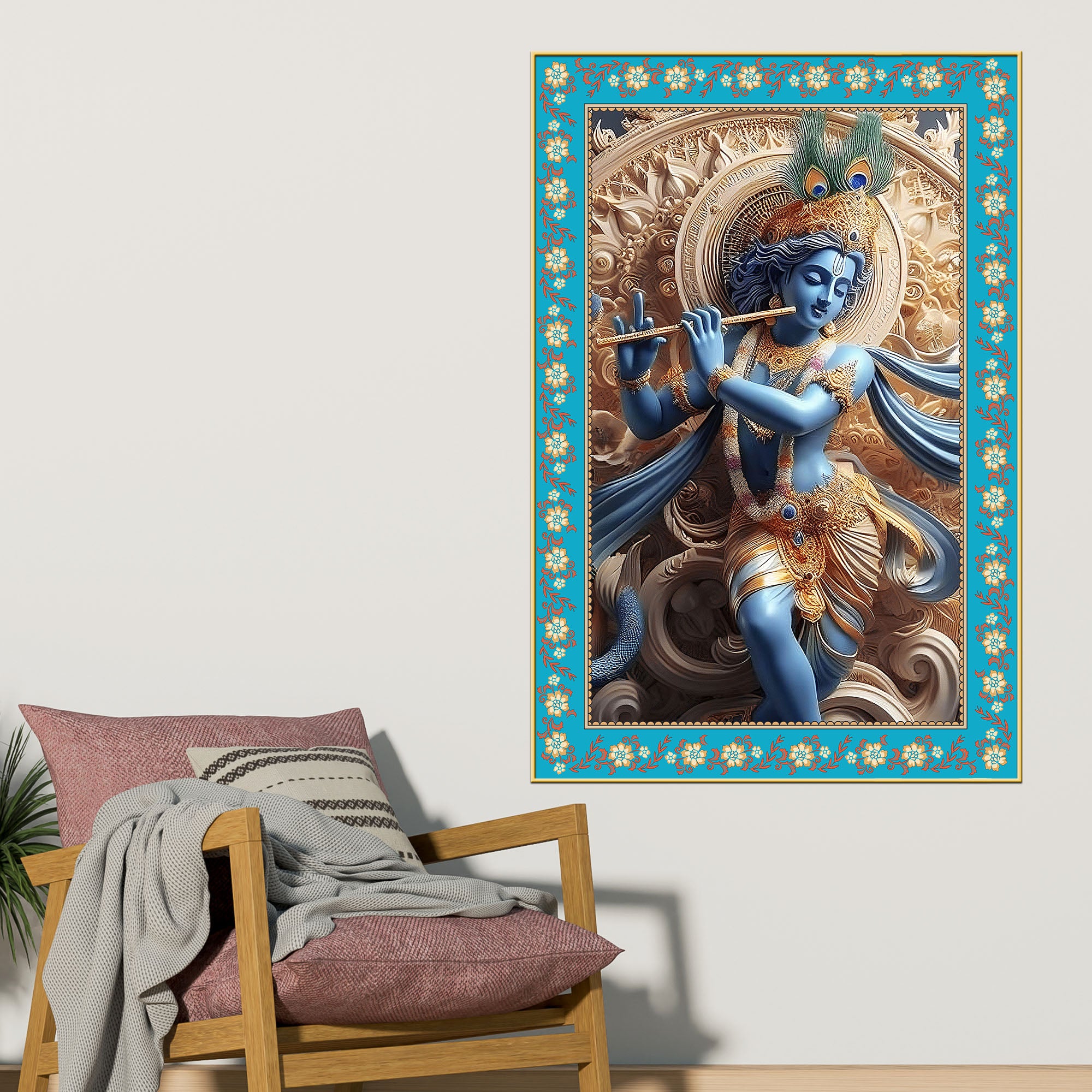 Divine Lord Krishna Floral Border Vertical Canvas Wall Painting