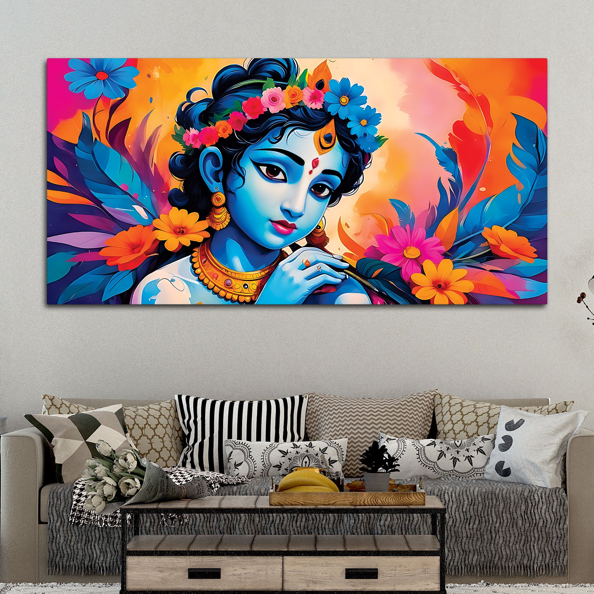 Divine Lord Krishna Floral Canvas Wall Painting for Home Decor