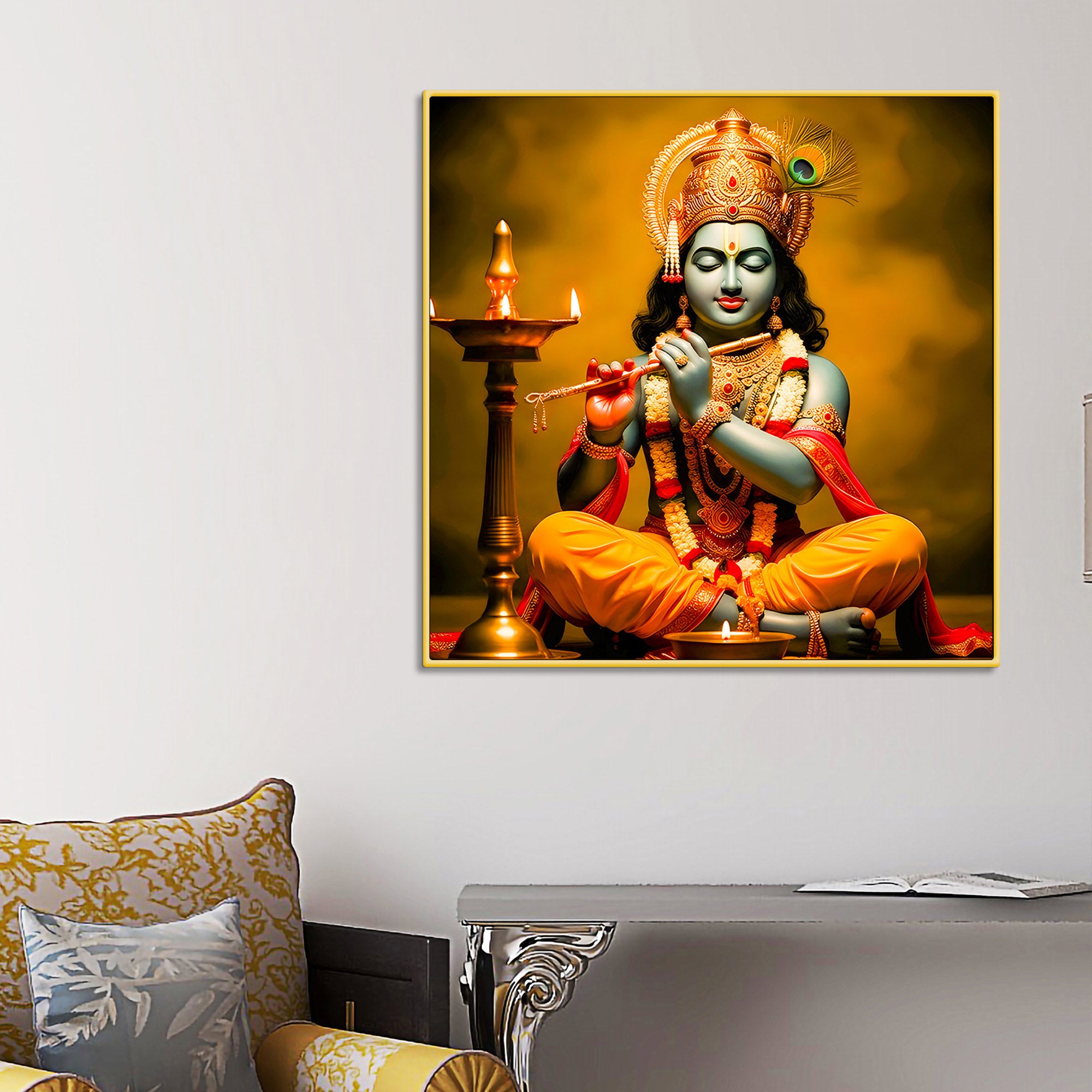 Divine Lord Krishna in Meditation with Flute Canvas Wall Painting