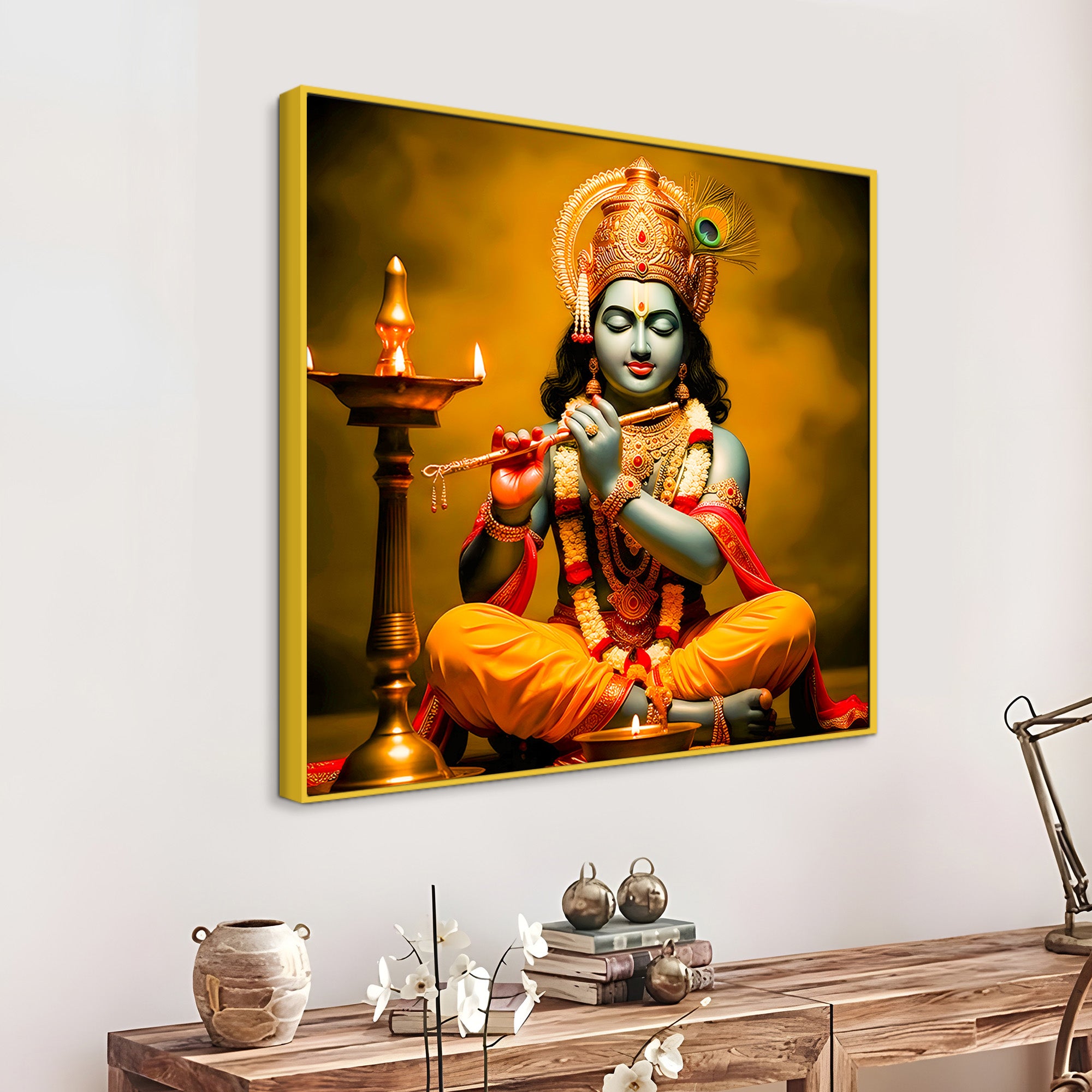 Divine Lord Krishna in Meditation with Flute Canvas Wall Painting