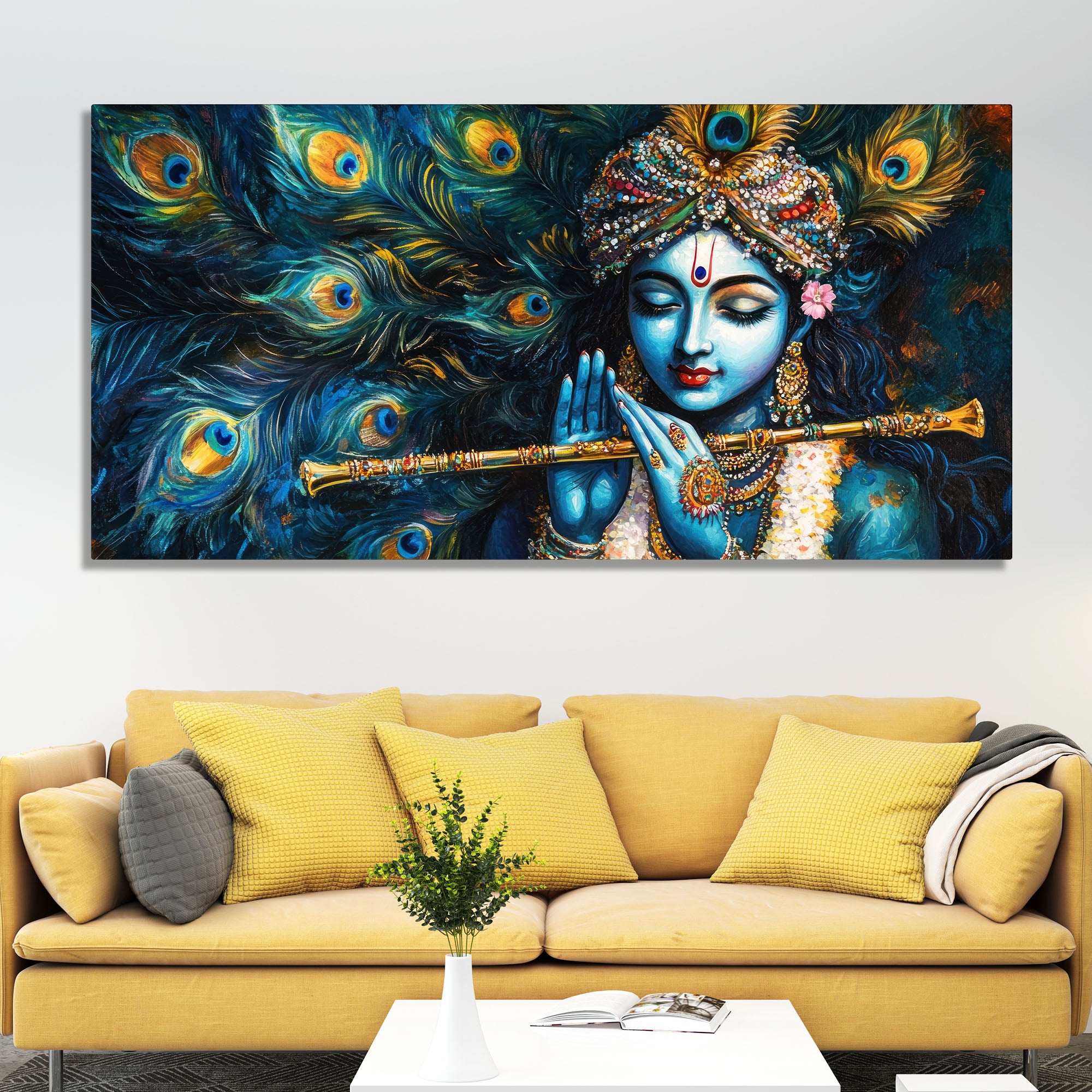 Divine Lord Krishna Playing with Flute Premium Canvas Wall Painting