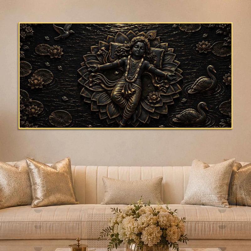 Divine Lord Krishna Resting on Lotus Metallic Look 3D Canvas Wall Painting