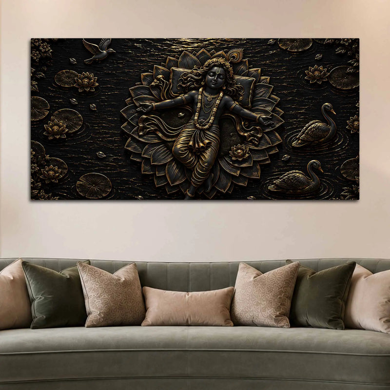 Divine Lord Krishna Resting on Lotus Metallic Look 3D Canvas Wall Painting