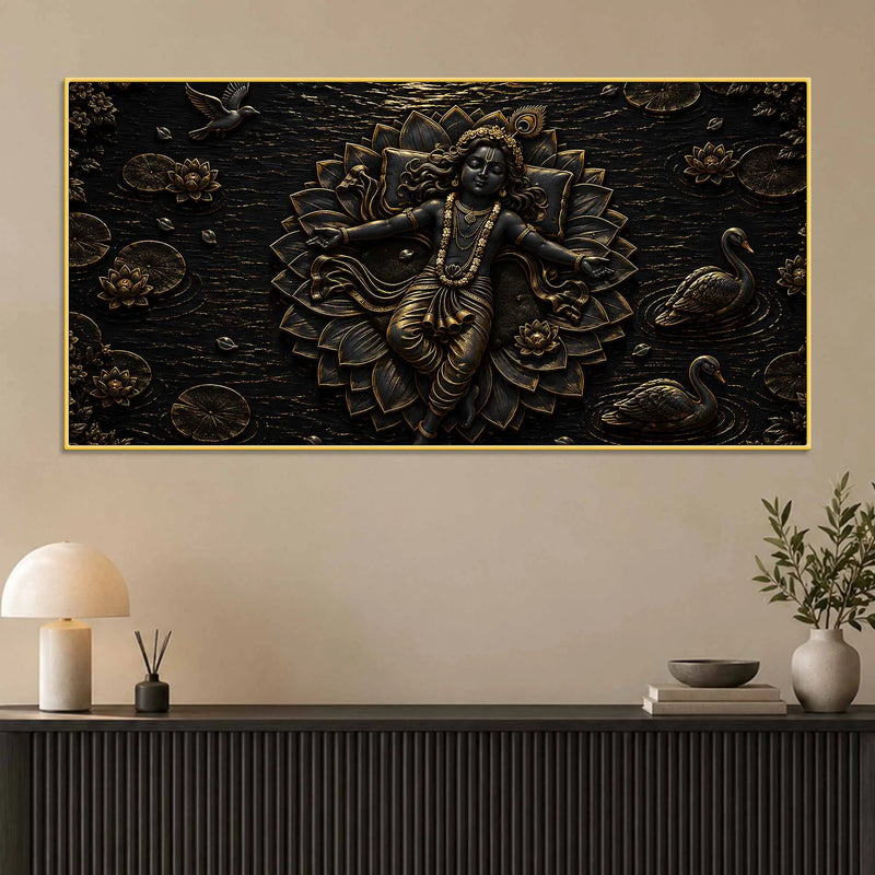 Divine Lord Krishna Resting on Lotus Metallic Look 3D Canvas Wall Painting