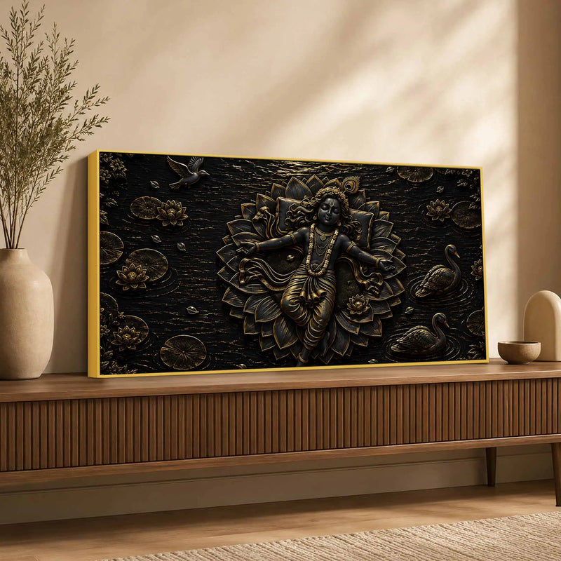Divine Lord Krishna Resting on Lotus Metallic Look 3D Canvas Wall Painting