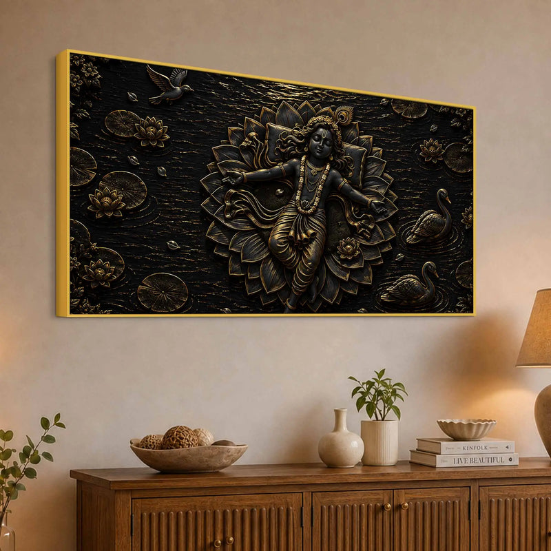 Divine Lord Krishna Resting on Lotus Metallic Look 3D Canvas Wall Painting