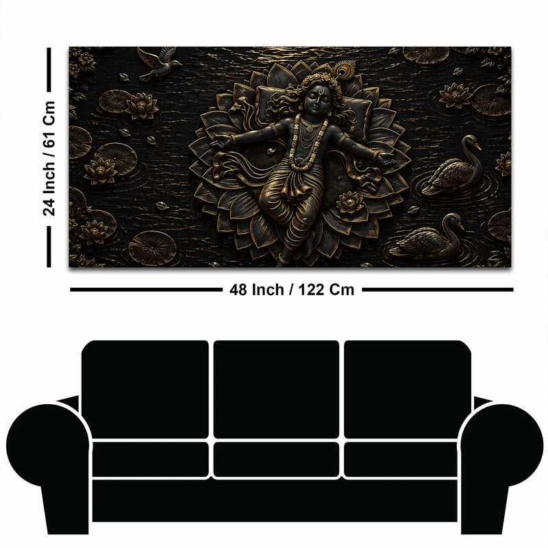 Divine Lord Krishna Resting on Lotus Metallic Look 3D Canvas Wall Painting