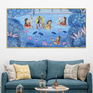 divine-lord-krishna-shree-radha-in-lotus-lake-with-gopikas-pichwai-canvas-wall-painting