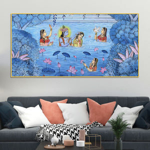 Divine Lord Krishna & Shree Radha in Lotus Lake with Gopikas Pichwai Canvas Wall Painting