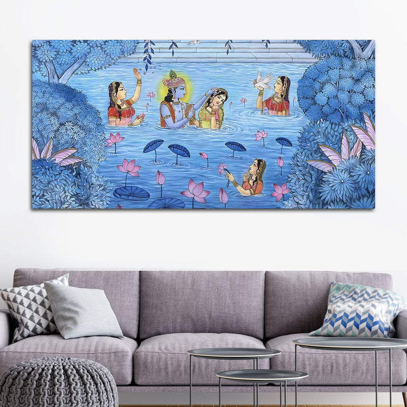 Divine Lord Krishna & Shree Radha in Lotus Lake with Gopikas Pichwai Canvas Wall Painting