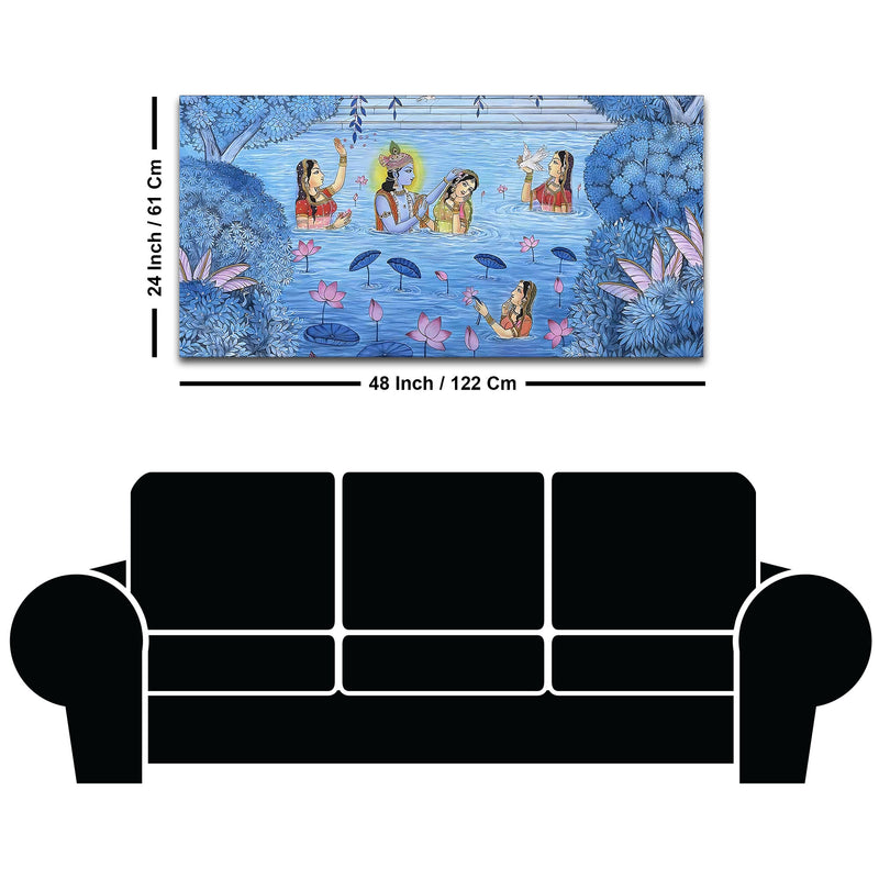 Divine Lord Krishna & Shree Radha in Lotus Lake with Gopikas Pichwai Canvas Wall Painting