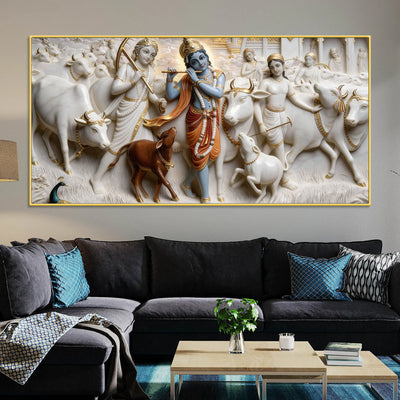 Divine Lord Krishna with Sacred Cows and Cowherd 3D Canvas Wall Painting