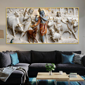Divine Lord Krishna with Sacred Cows and Cowherd 3D Canvas Wall Painting