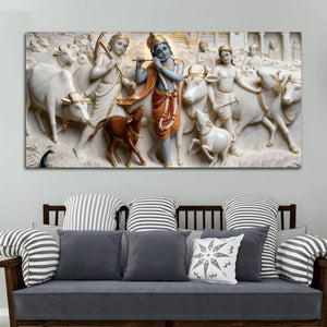 Divine Lord Krishna with Sacred Cows and Cowherd 3D Canvas Wall Painting