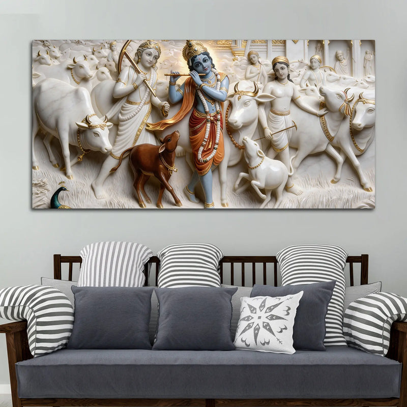 Divine Lord Krishna with Sacred Cows and Cowherd 3D Canvas Wall Painting