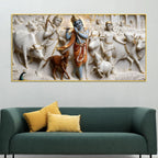 Divine Lord Krishna with Sacred Cows and Cowherd 3D Canvas Wall Painting