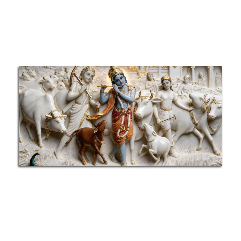 Divine Lord Krishna with Sacred Cows and Cowherd 3D Canvas Wall Painting