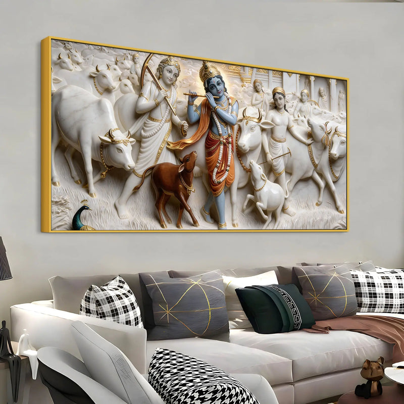 Divine Lord Krishna with Sacred Cows and Cowherd 3D Canvas Wall Painting