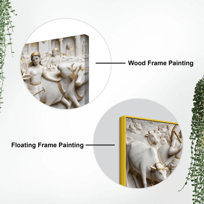 Divine Lord Krishna with Sacred Cows and Cowherd 3D Canvas Wall Painting