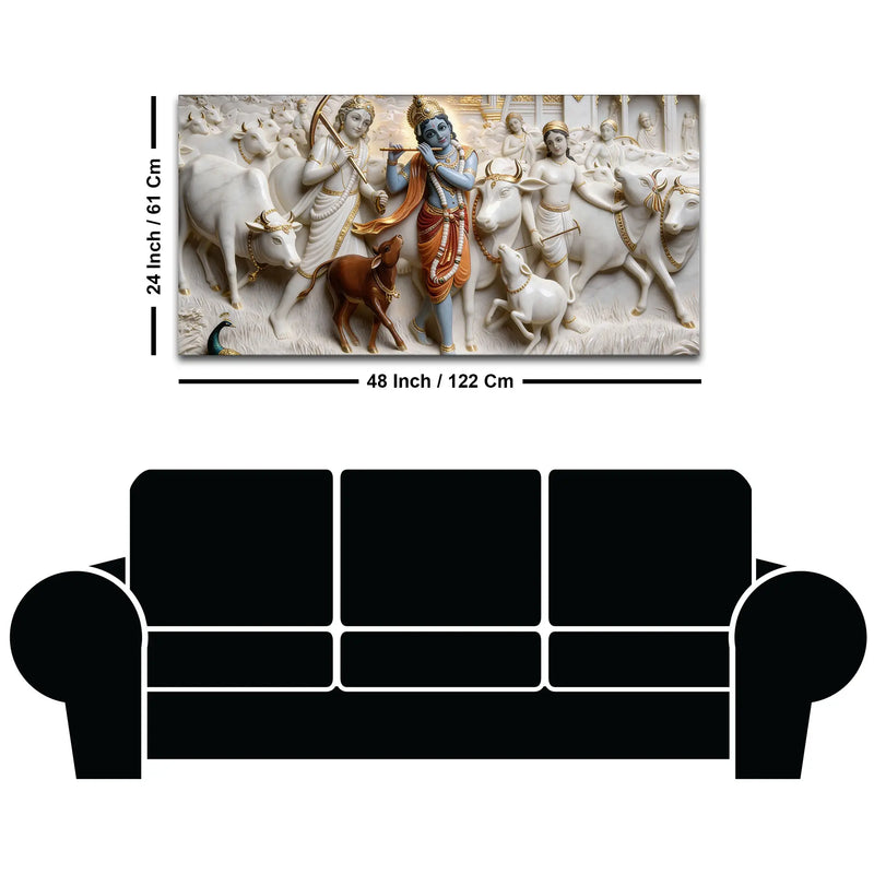 Divine Lord Krishna with Sacred Cows and Cowherd 3D Canvas Wall Painting