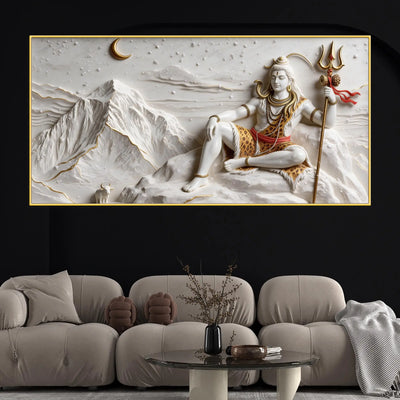 Divine Lord Mahadev with Little Nandi on Kailash Parvat 3D Canvas Wall Painting