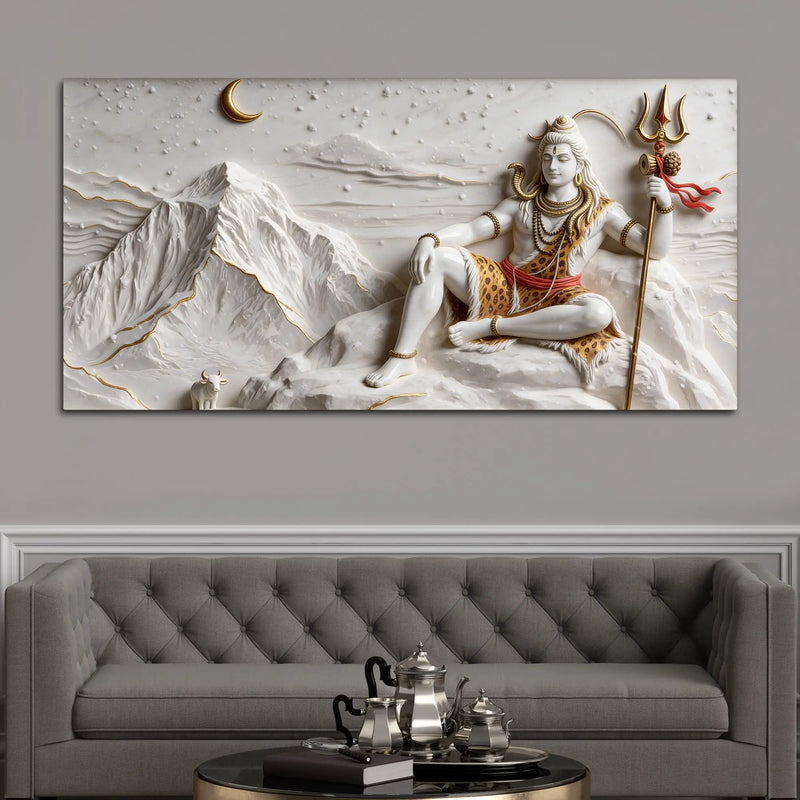 Divine Lord Mahadev with Little Nandi on Kailash Parvat 3D Canvas Wall Painting