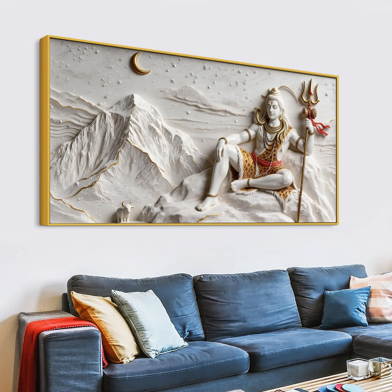Divine Lord Mahadev with Little Nandi on Kailash Parvat 3D Canvas Wall Painting