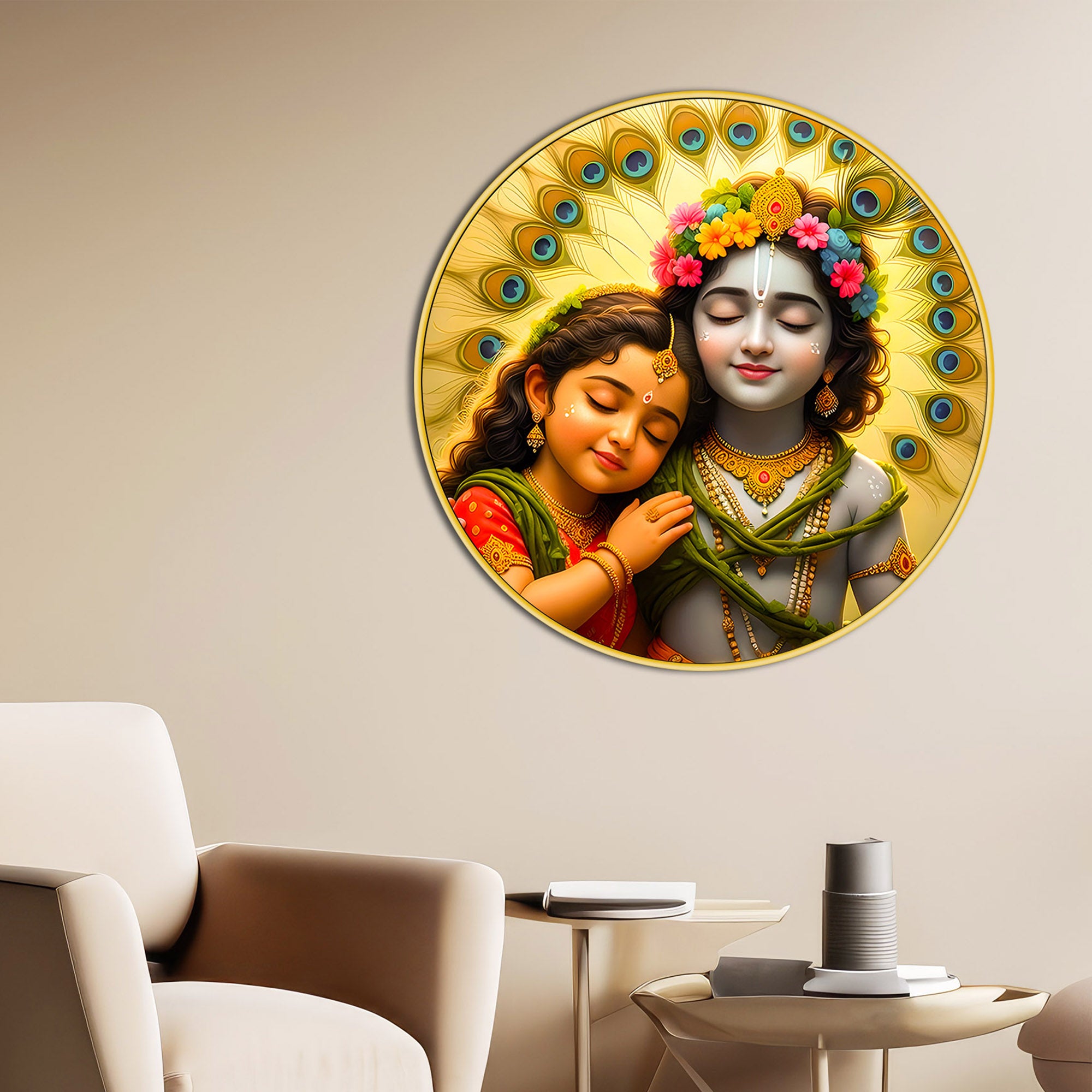 Divine Lord Radha Krishna Round Frame Wall Painting
