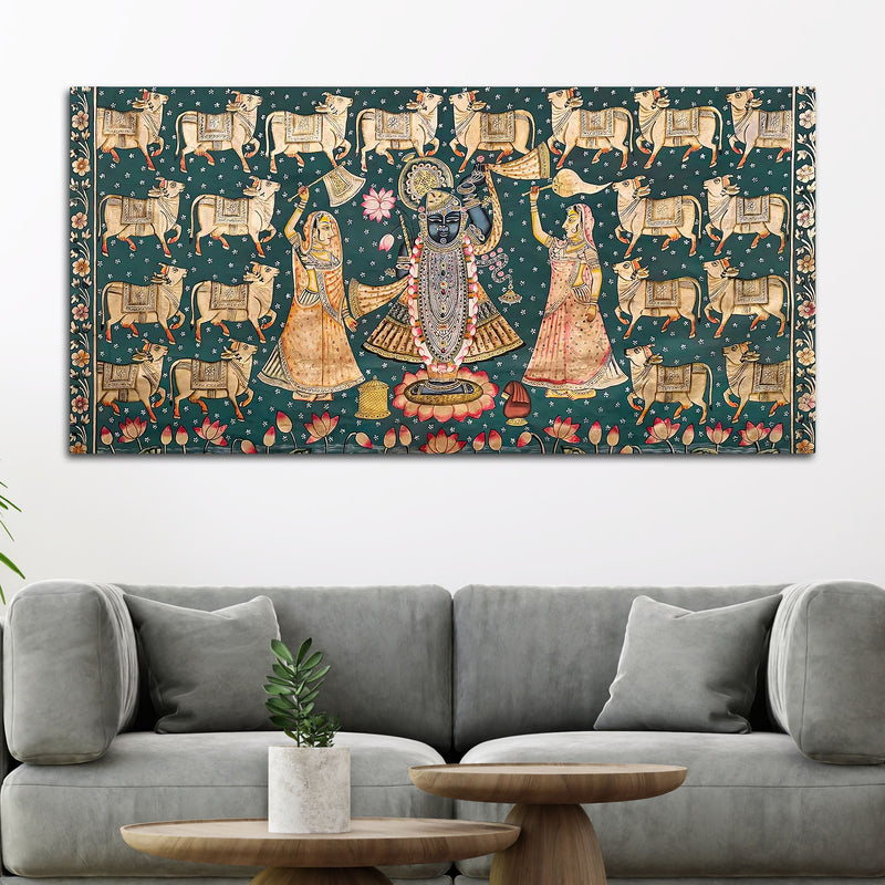 Divine Lord Shreenathji with Gau Mata Pichwai Canvas Wall Painting
