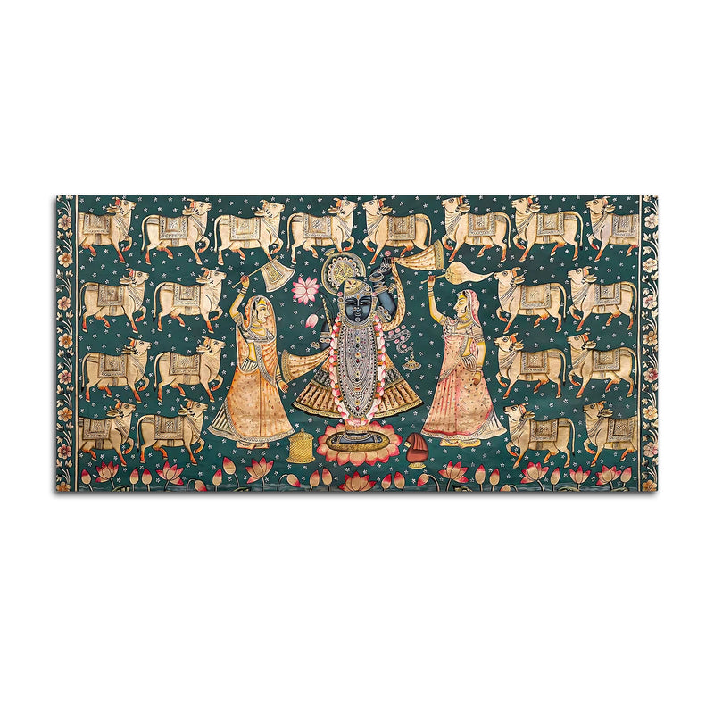 Divine Lord Shreenathji with Gau Mata Pichwai Canvas Wall Painting