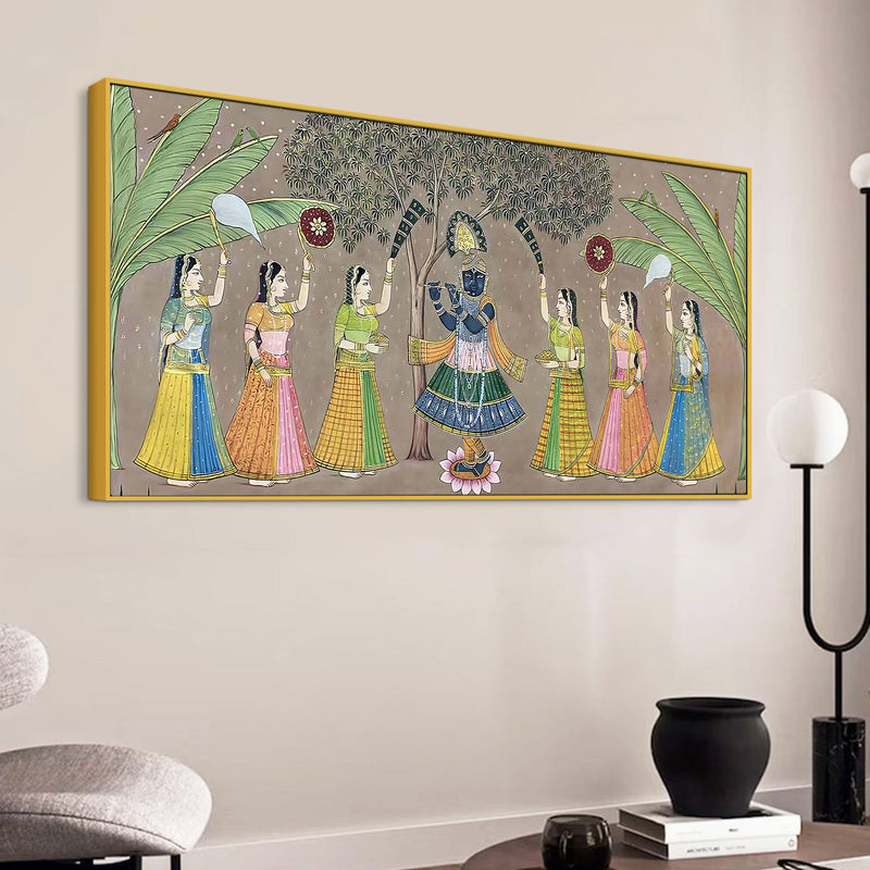 Divine Lord Shreenathji with Gopis Traditional Pichwai Canvas Wall Painting