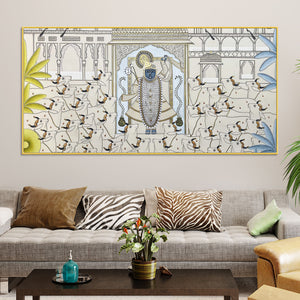Divine Lord Shreenathji with Sacred Cows Pichwai Style Canvas Wall Painting for Home & Temple