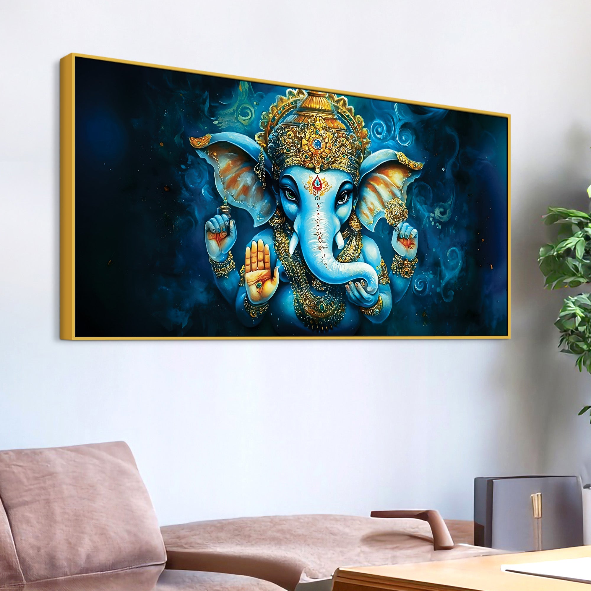 Divine Lord Shri Ganesh Blue & Gold Elegant Canvas Wall Painting for Home & Office – Contemporary Spiritual Wall Art