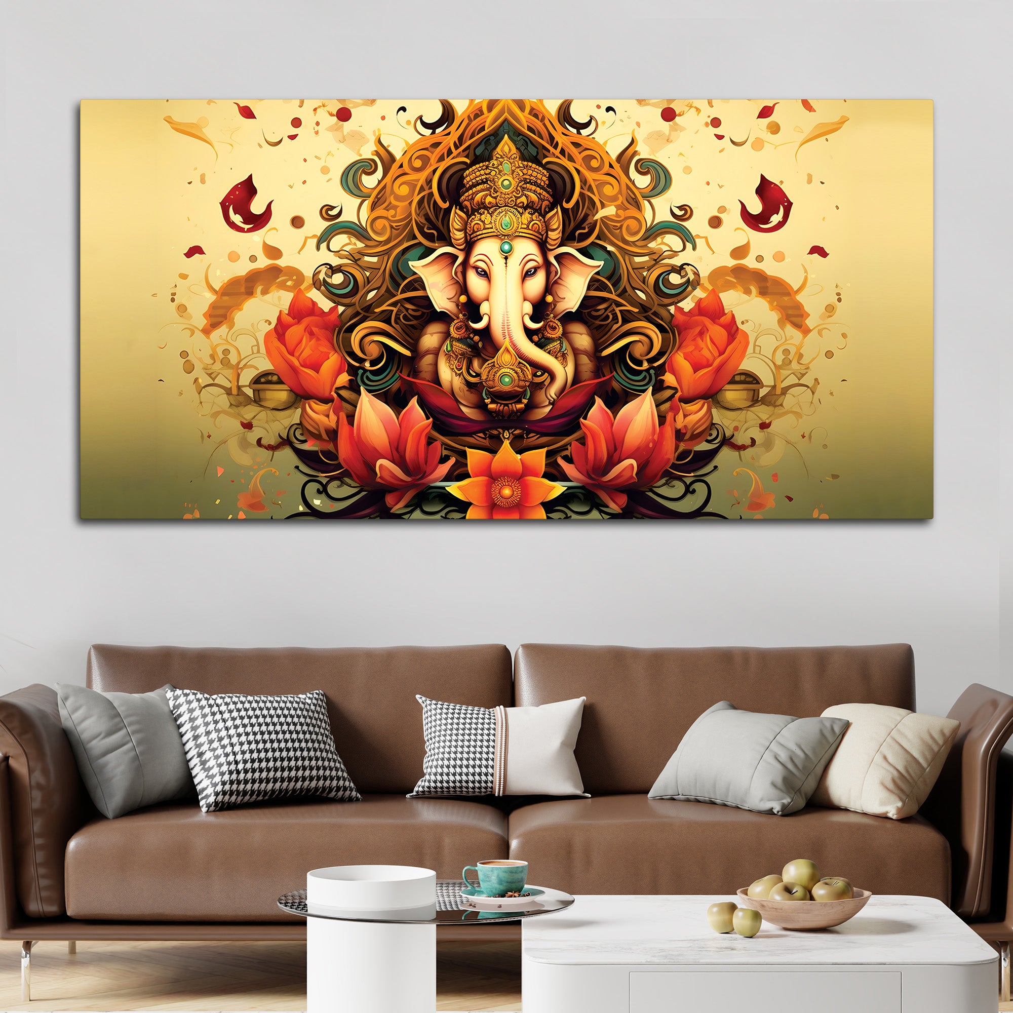 Divine Lord Shri Ganesha in Spiritual Lotus Flowers Artistic Canvas Wall Painting for Home & Office Decor – Modern Devotional Wall Art