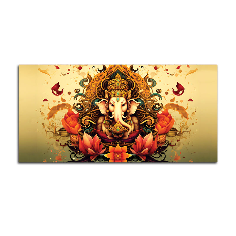 Divine Lord Shri Ganesha in Spiritual Lotus Flowers Artistic Canvas Wall Painting for Home & Office Decor – Modern Devotional Wall Art