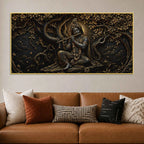 Divine Lord Shri Krishna Playing Flute under Sacred Tree Metallic Look 3D Canvas Wall Painting