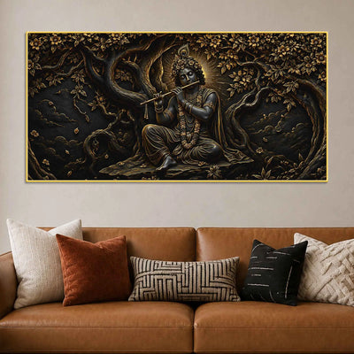 Divine Lord Shri Krishna Playing Flute under Sacred Tree Metallic Look 3D Canvas Wall Painting