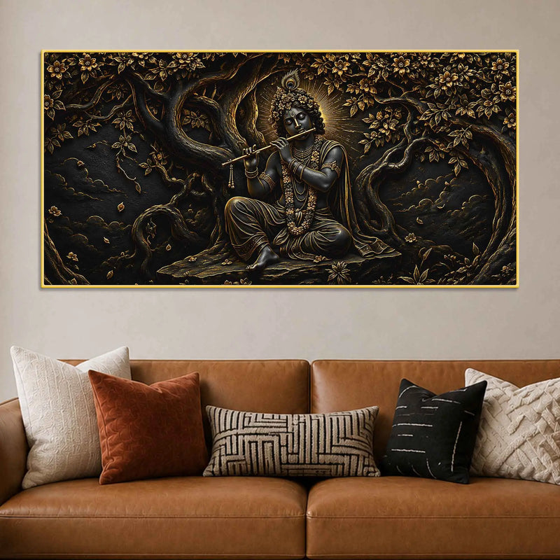 Divine Lord Shri Krishna Playing Flute under Sacred Tree Metallic Look 3D Canvas Wall Painting