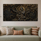 Divine Lord Shri Krishna Playing Flute under Sacred Tree Metallic Look 3D Canvas Wall Painting