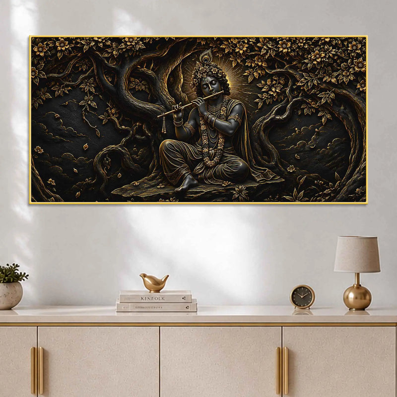 Divine Lord Shri Krishna Playing Flute under Sacred Tree Metallic Look 3D Canvas Wall Painting